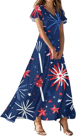Forth of July Dress for Women Flowy Chiffon Ruffle Cruise Stars and Stripes Floral Summer Sun Dresses V Neck Vacation Outfits