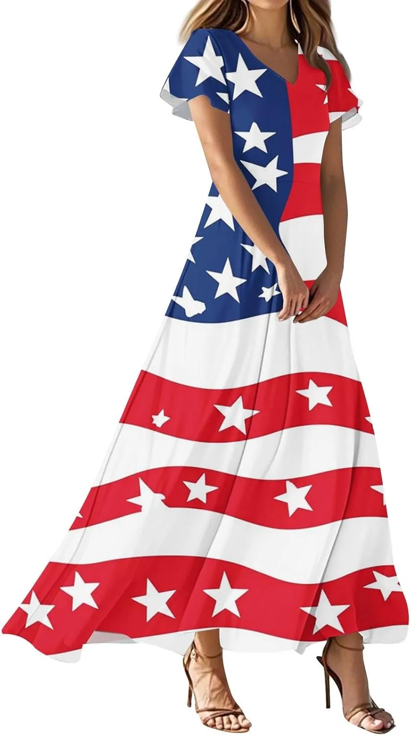 Forth of July Dress for Women Flowy Chiffon Ruffle Cruise Stars and Stripes Floral Summer Sun Dresses V Neck Vacation Outfits