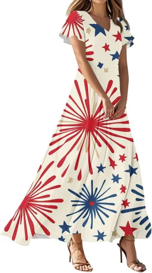 Forth of July Dress for Women Flowy Chiffon Ruffle Cruise Stars and Stripes Floral Summer Sun Dresses V Neck Vacation Outfits