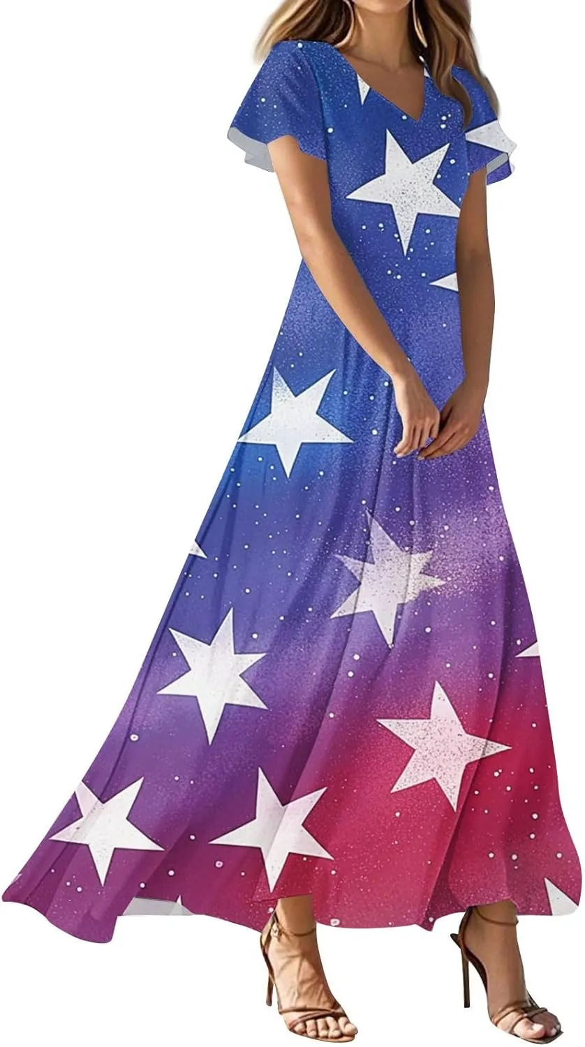 Forth of July Dress for Women Flowy Chiffon Ruffle Cruise Stars and Stripes Floral Summer Sun Dresses V Neck Vacation Outfits