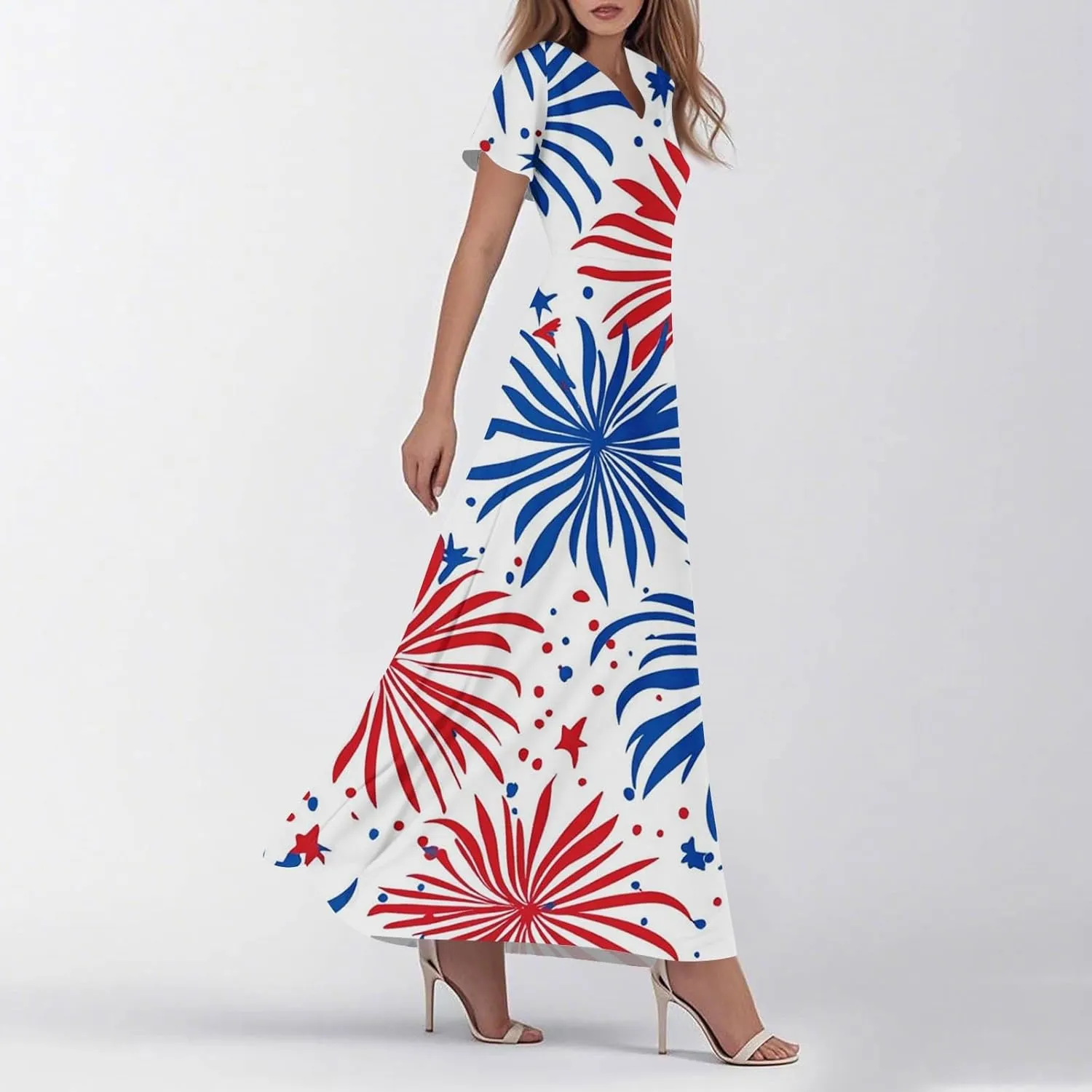 Forth of July Dress for Women Flowy Chiffon Ruffle Cruise Stars and Stripes Floral Summer Sun Dresses V Neck Vacation Outfits