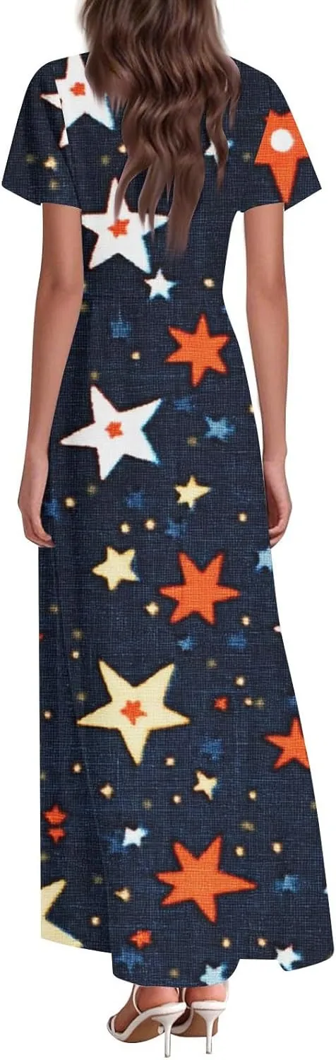 Forth of July Dress for Women Flowy Chiffon Ruffle Cruise Stars and Stripes Floral Summer Sun Dresses V Neck Vacation Outfits