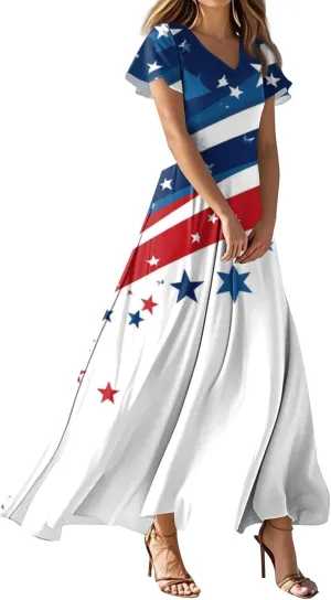 Forth of July Dress for Women Flowy Chiffon Ruffle Cruise Stars and Stripes Floral Summer Sun Dresses V Neck Vacation Outfits