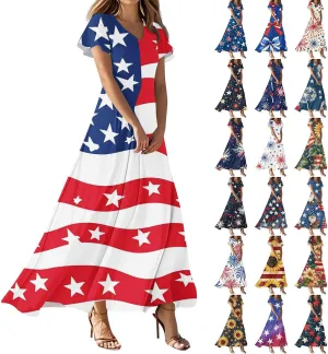 Forth of July Dress for Women Flowy Chiffon Ruffle Cruise Stars and Stripes Floral Summer Sun Dresses V Neck Vacation Outfits