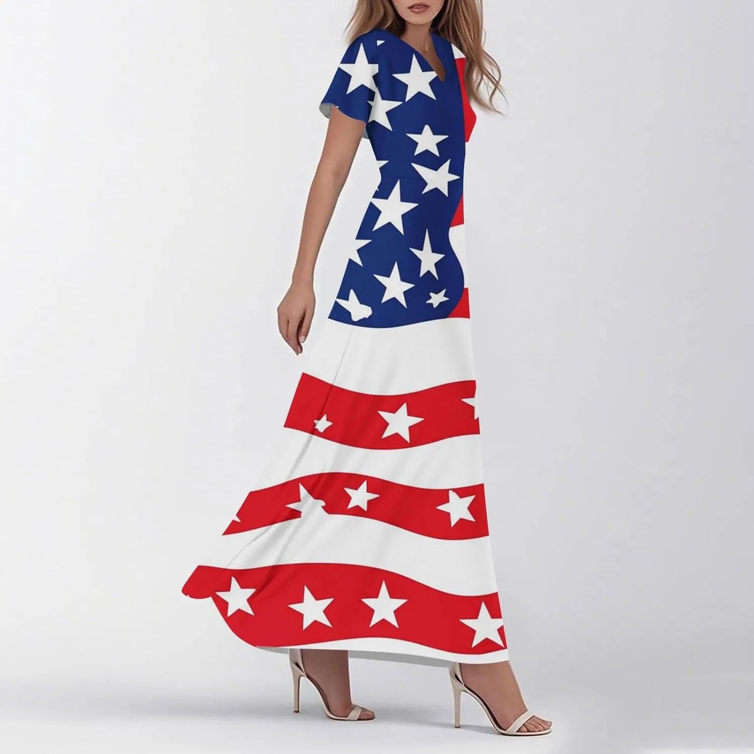 Forth of July Dress for Women Flowy Chiffon Ruffle Cruise Stars and Stripes Floral Summer Sun Dresses V Neck Vacation Outfits