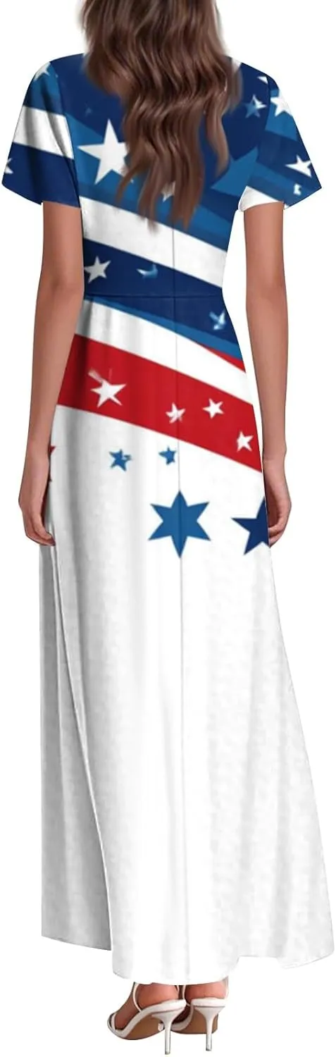 Forth of July Dress for Women Flowy Chiffon Ruffle Cruise Stars and Stripes Floral Summer Sun Dresses V Neck Vacation Outfits