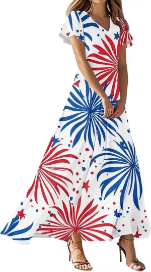 Forth of July Dress for Women Flowy Chiffon Ruffle Cruise Stars and Stripes Floral Summer Sun Dresses V Neck Vacation Outfits