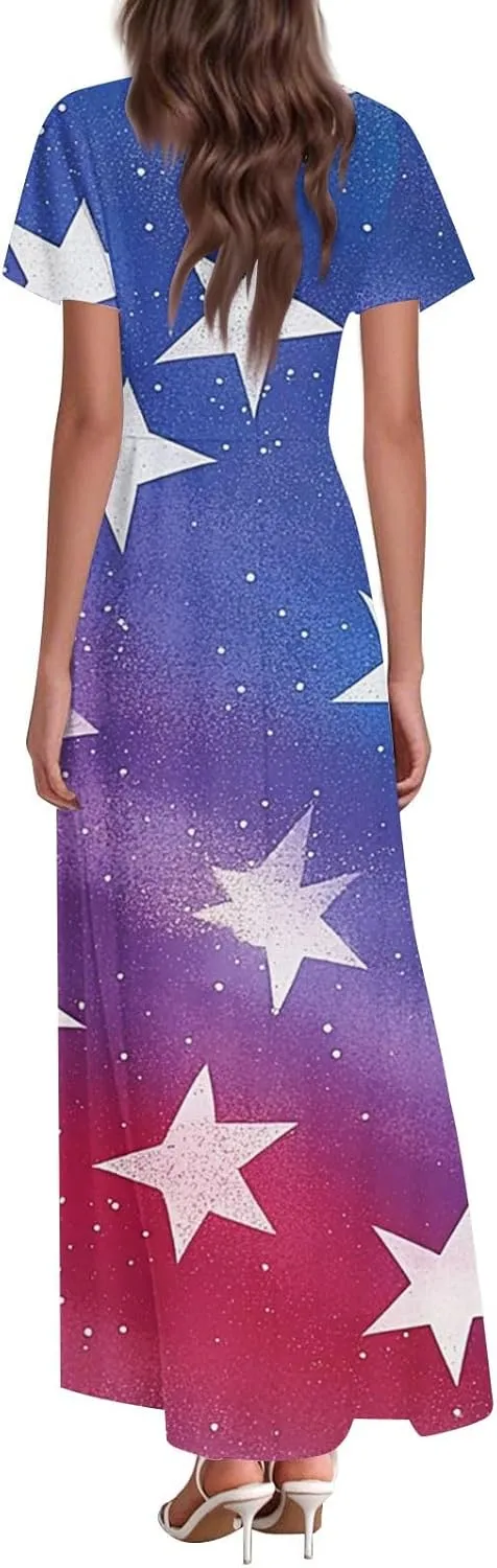 Forth of July Dress for Women Flowy Chiffon Ruffle Cruise Stars and Stripes Floral Summer Sun Dresses V Neck Vacation Outfits