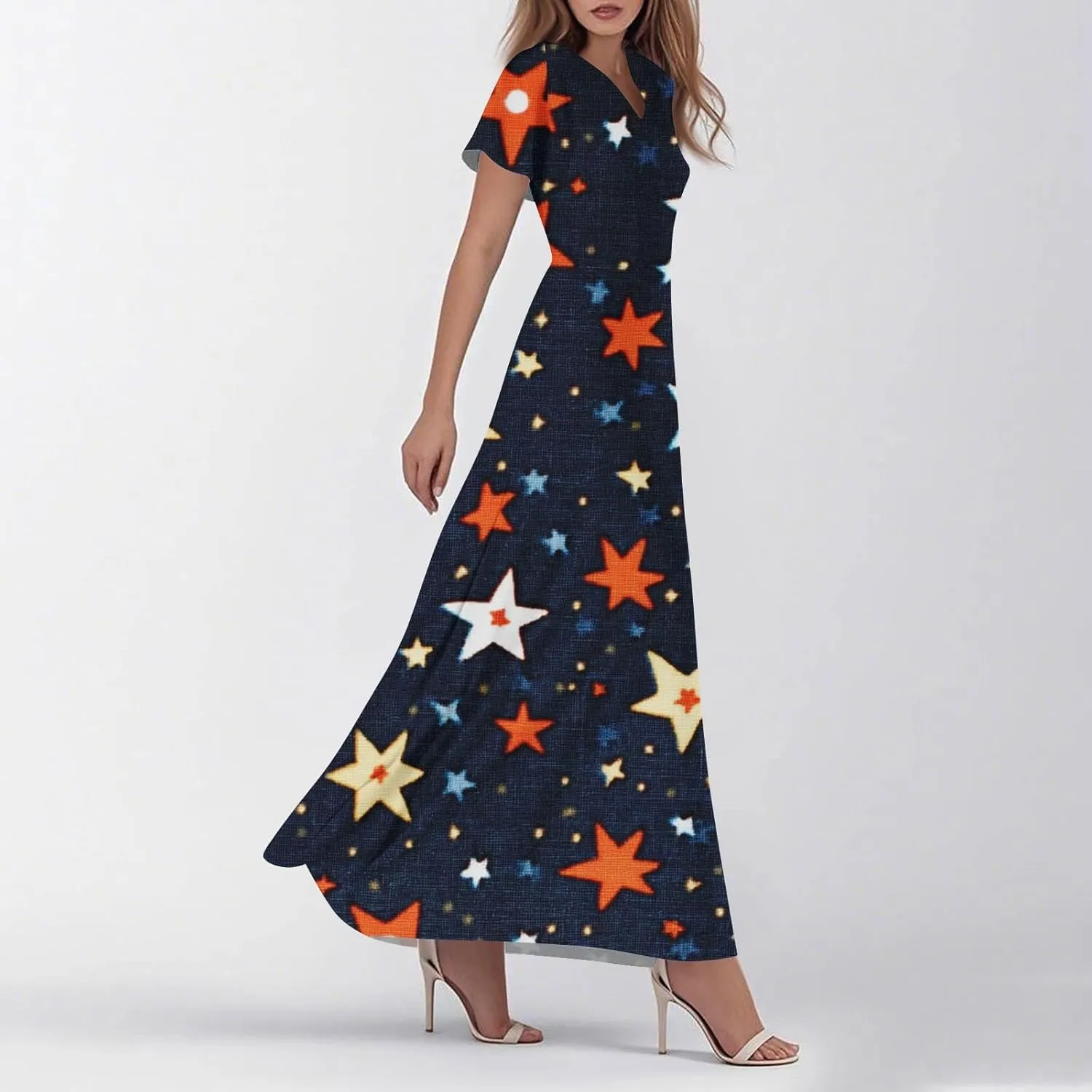 Forth of July Dress for Women Flowy Chiffon Ruffle Cruise Stars and Stripes Floral Summer Sun Dresses V Neck Vacation Outfits
