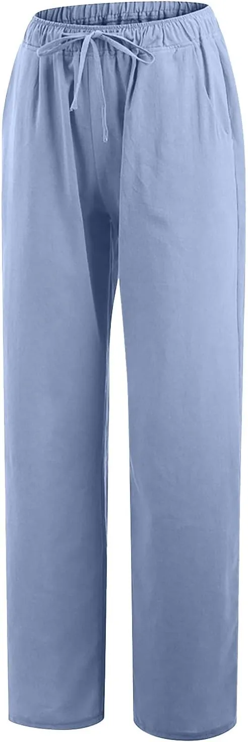 FZYLQY Wide Leg Linen Pants for Women Drawstring Waist Slacks Relaxed Fit Cotton Blend Straight Trousers with Pockets