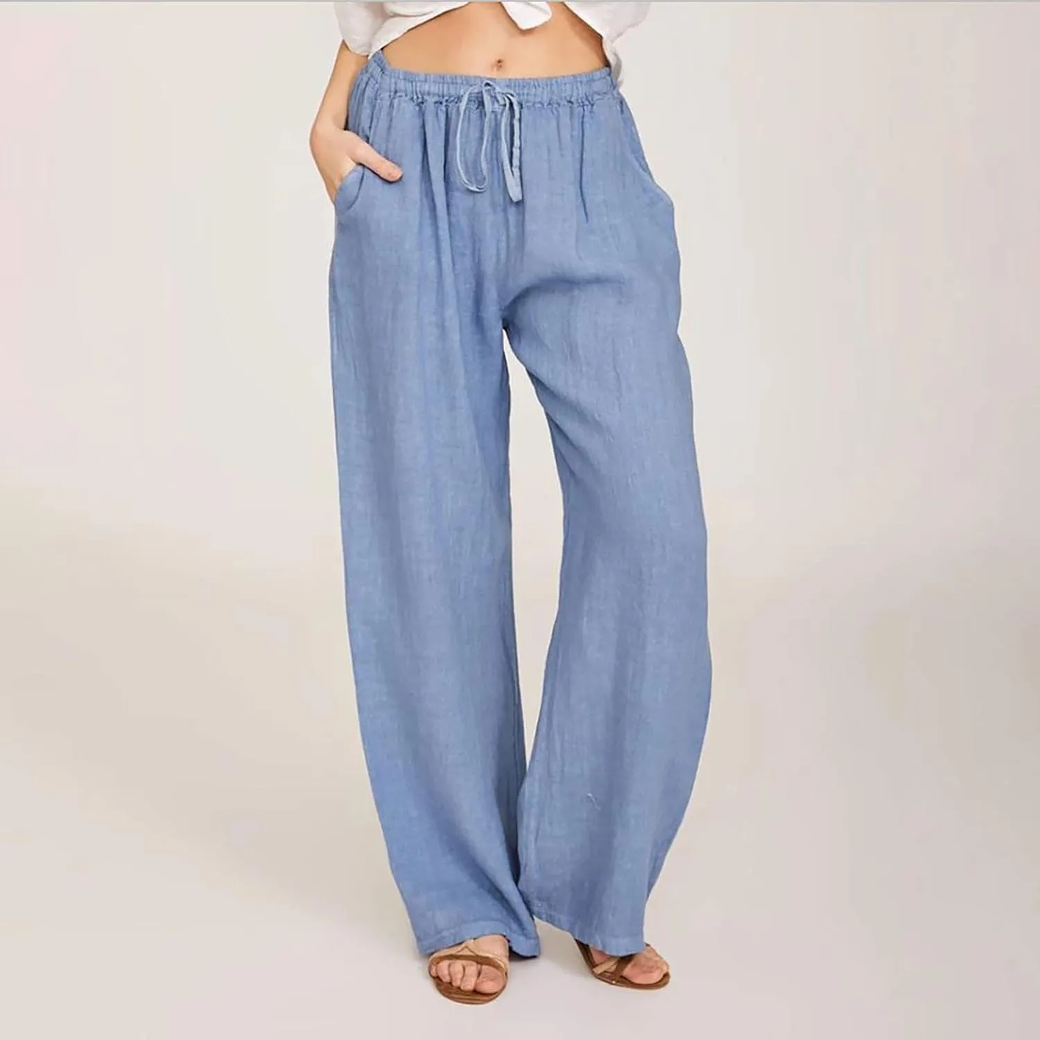 FZYLQY Wide Leg Linen Pants for Women Drawstring Waist Slacks Relaxed Fit Cotton Blend Straight Trousers with Pockets
