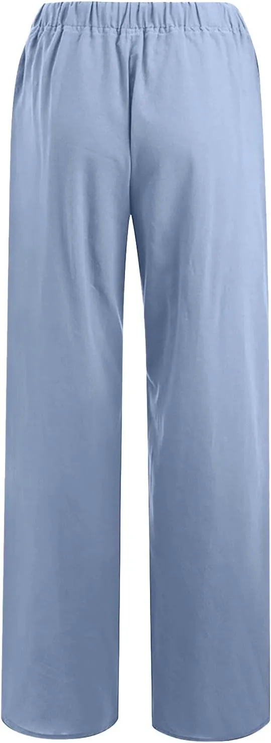 FZYLQY Wide Leg Linen Pants for Women Drawstring Waist Slacks Relaxed Fit Cotton Blend Straight Trousers with Pockets