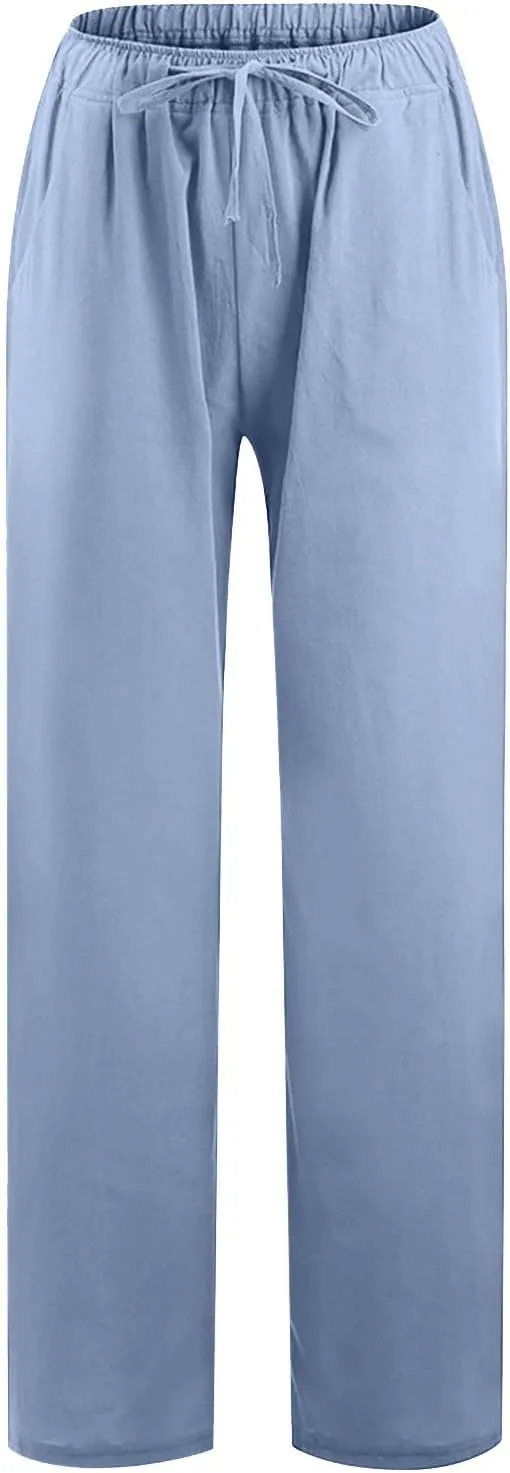 FZYLQY Wide Leg Linen Pants for Women Drawstring Waist Slacks Relaxed Fit Cotton Blend Straight Trousers with Pockets
