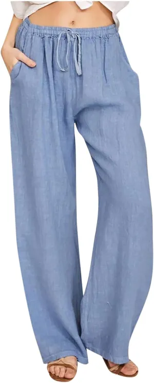 FZYLQY Wide Leg Linen Pants for Women Drawstring Waist Slacks Relaxed Fit Cotton Blend Straight Trousers with Pockets