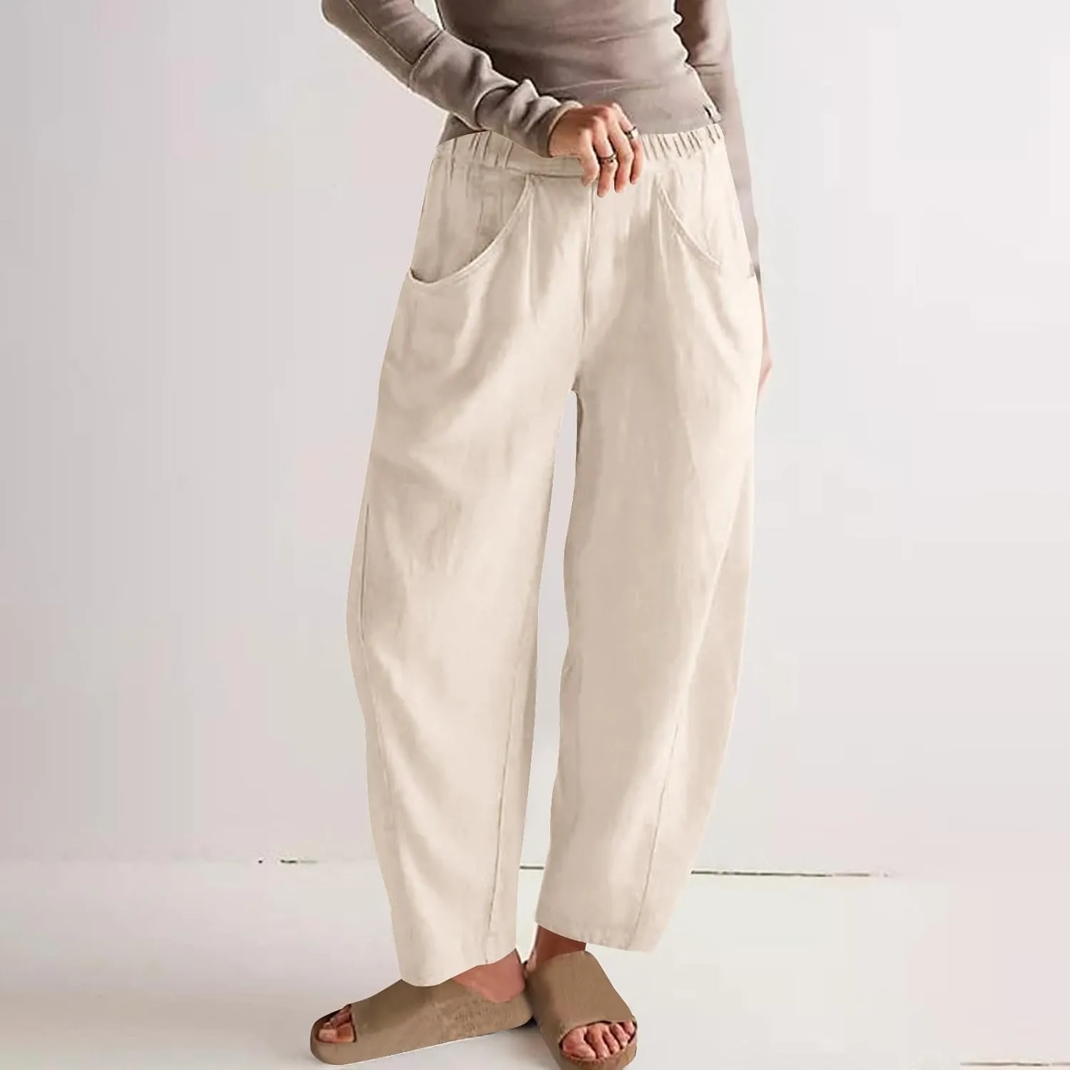FZYLQY Womens Cotton Linen Wide Leg Pants with Pockets Drawstring Waist Casual Trousers for Relaxed Fit Summer Wear