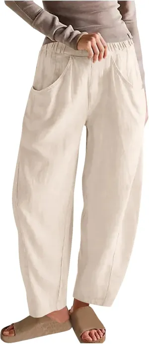 FZYLQY Womens Cotton Linen Wide Leg Pants with Pockets Drawstring Waist Casual Trousers for Relaxed Fit Summer Wear