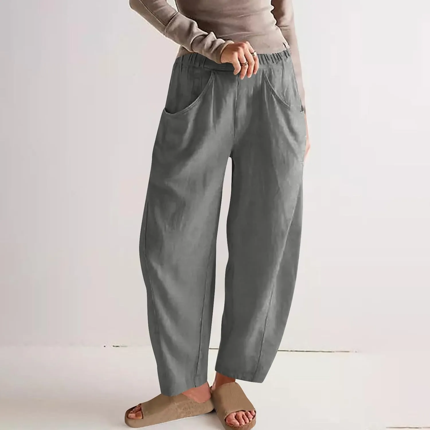 FZYLQY Womens Cotton Linen Wide Leg Pants with Pockets Drawstring Waist Casual Trousers for Relaxed Fit Summer Wear