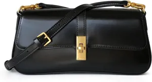 Genuine Leather Women Underarm Bag Vintage Handbags Ladies Solid Shoulder Messenger Bags (Black)