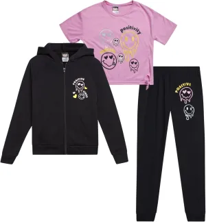 Girls Joggers Set - 3 Piece Zip Up Hoodie, Graphic Tee, and Jogger Pants, Girls' Activewear Fleece Jogset (7-16)