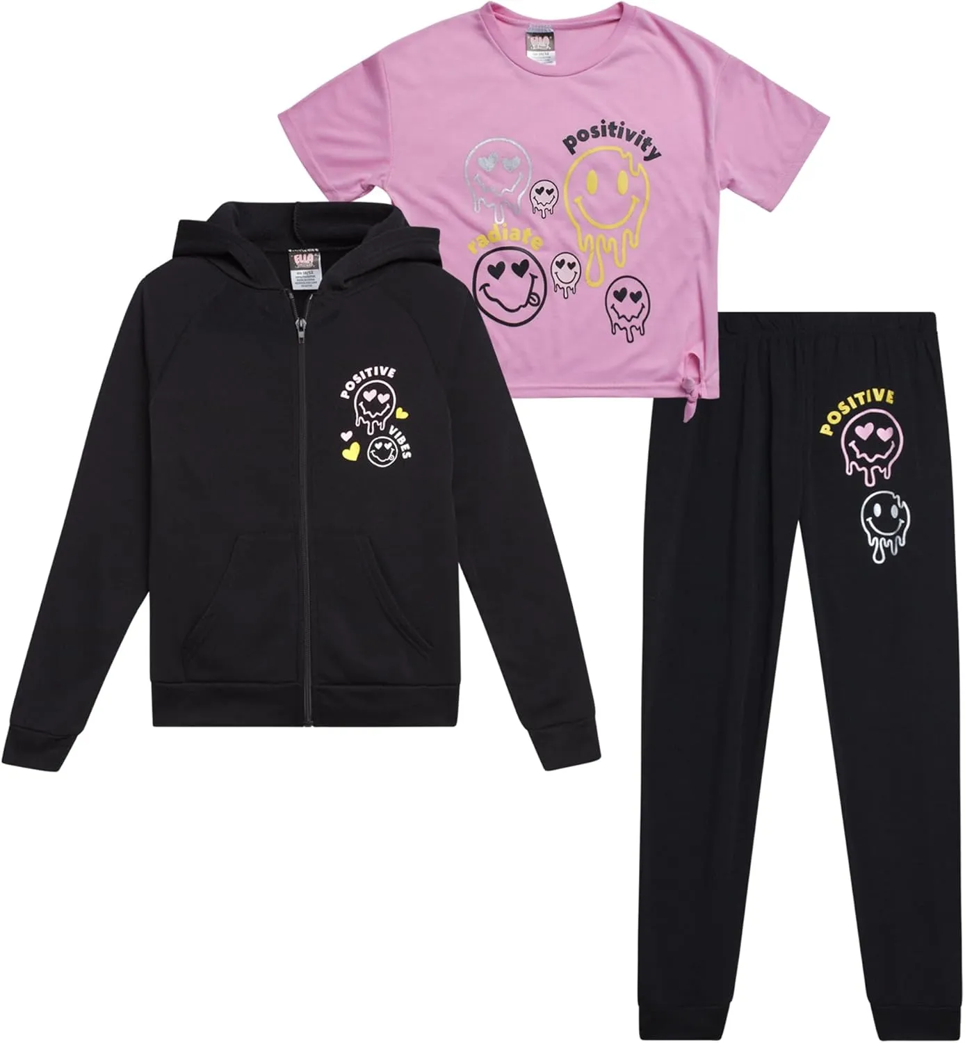 Girls Joggers Set - 3 Piece Zip Up Hoodie, Graphic Tee, and Jogger Pants, Girls' Activewear Fleece Jogset (7-16)