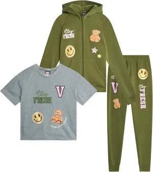 Girls Joggers Set - 3 Piece Zip Up Hoodie, Graphic Tee, and Jogger Pants, Girls' Activewear Fleece Jogset (7-16)