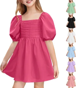 Girls Summer Dress Square Neck Lantern Sleeve Ruffle A-Line Party Mini Dress Casual Elegant Layered Sundress