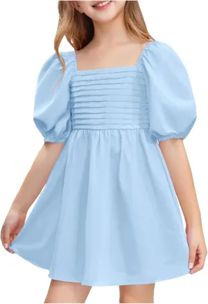 Girls Summer Dress Square Neck Lantern Sleeve Ruffle A-Line Party Mini Dress Casual Elegant Layered Sundress