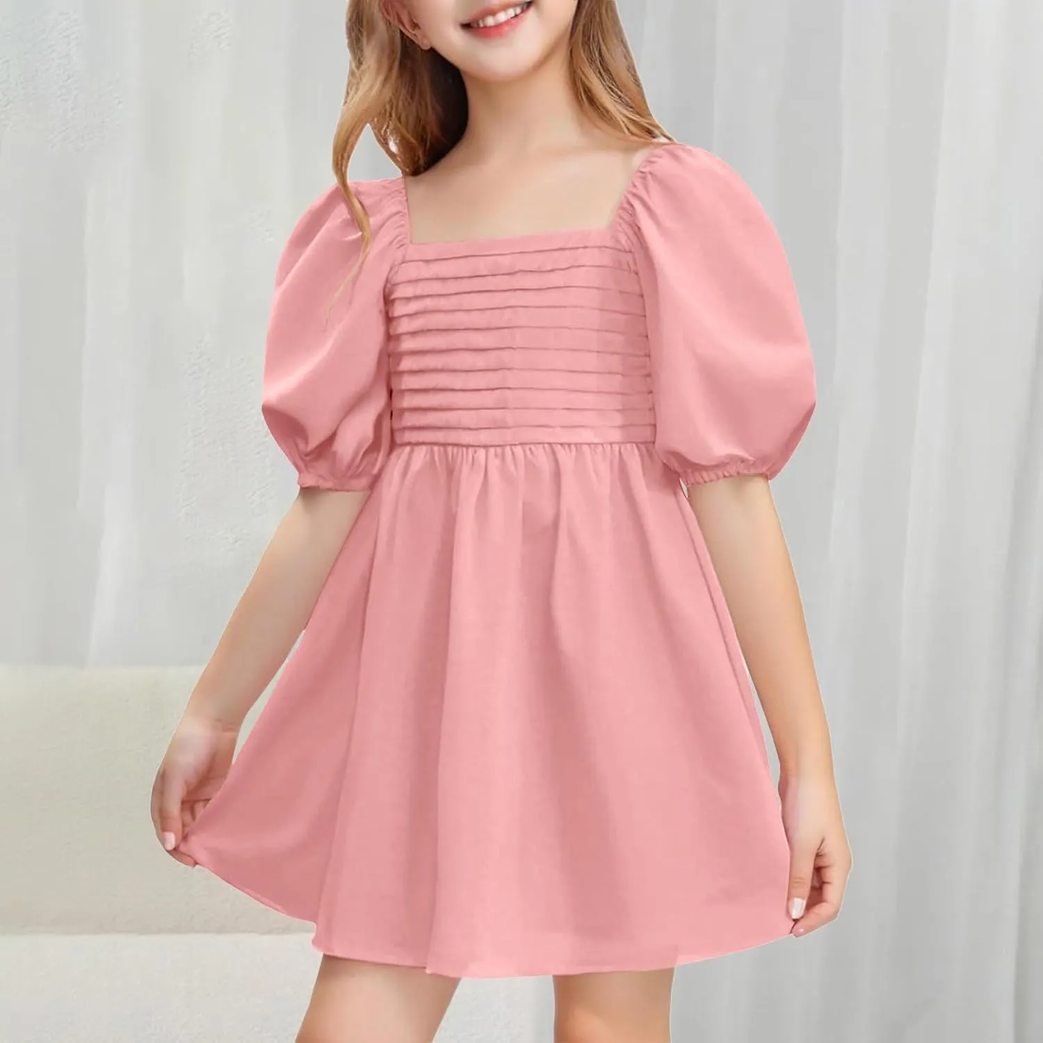 Girls Summer Dress Square Neck Lantern Sleeve Ruffle A-Line Party Mini Dress Casual Elegant Layered Sundress