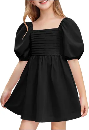 Girls Summer Dress Square Neck Lantern Sleeve Ruffle A-Line Party Mini Dress Casual Elegant Layered Sundress
