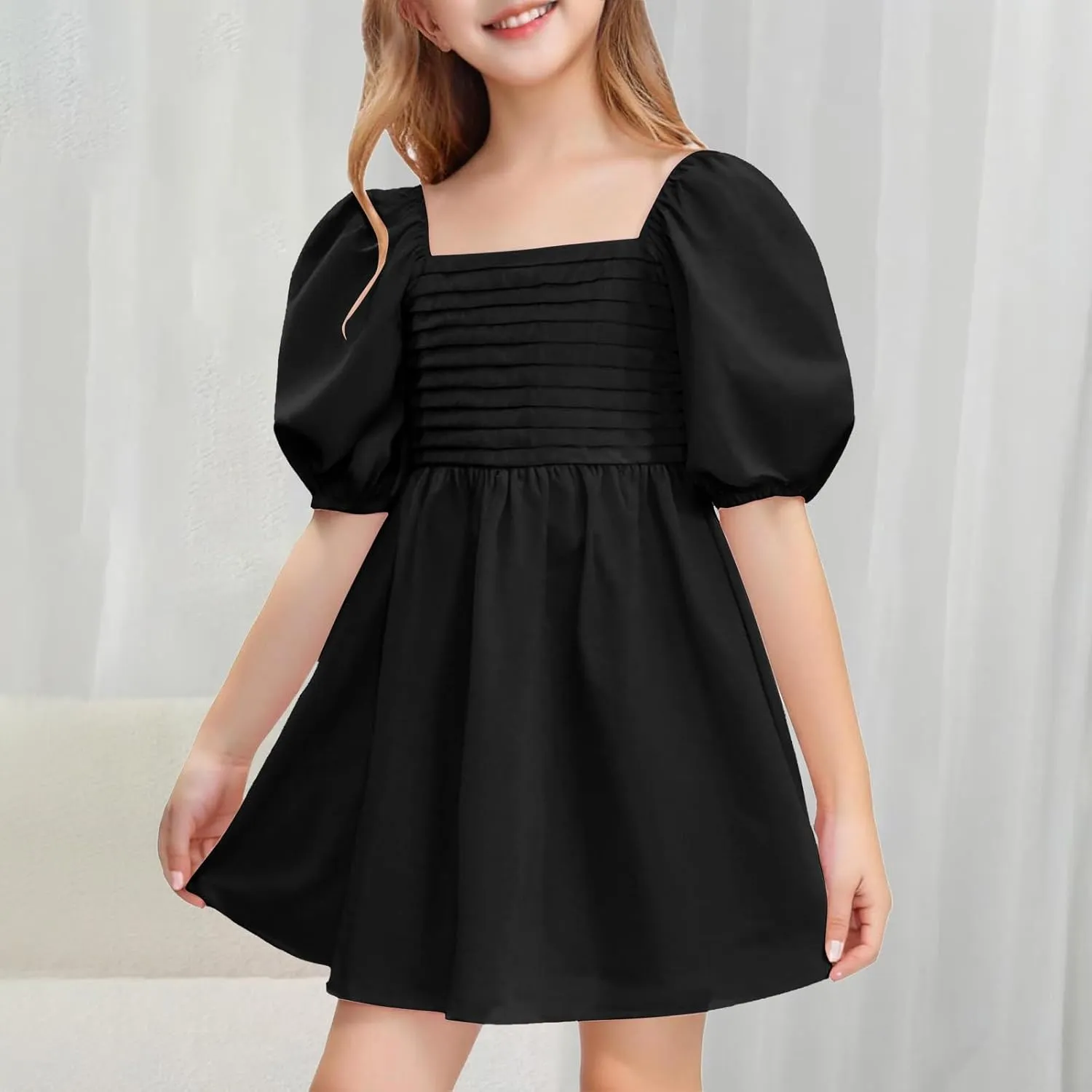 Girls Summer Dress Square Neck Lantern Sleeve Ruffle A-Line Party Mini Dress Casual Elegant Layered Sundress