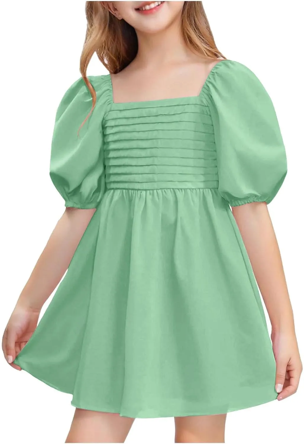 Girls Summer Dress Square Neck Lantern Sleeve Ruffle A-Line Party Mini Dress Casual Elegant Layered Sundress
