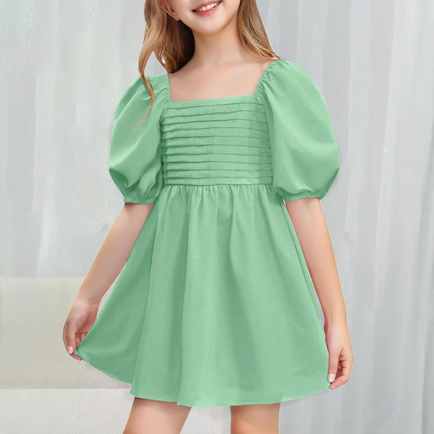 Girls Summer Dress Square Neck Lantern Sleeve Ruffle A-Line Party Mini Dress Casual Elegant Layered Sundress