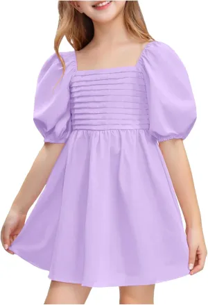 Girls Summer Dress Square Neck Lantern Sleeve Ruffle A-Line Party Mini Dress Casual Elegant Layered Sundress