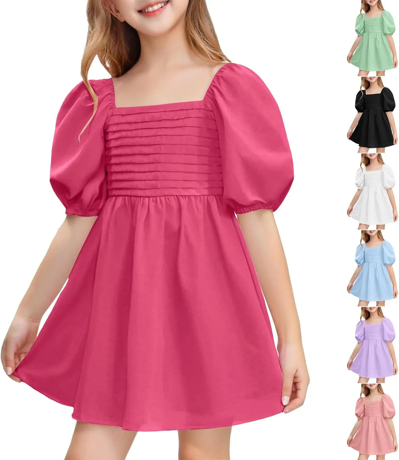 Girls Summer Dress Square Neck Lantern Sleeve Ruffle A-Line Party Mini Dress Casual Elegant Layered Sundress