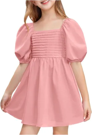Girls Summer Dress Square Neck Lantern Sleeve Ruffle A-Line Party Mini Dress Casual Elegant Layered Sundress