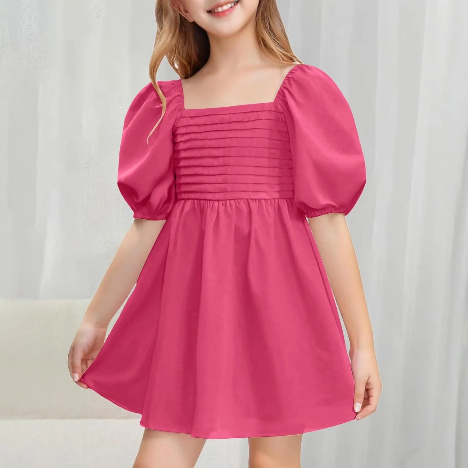 Girls Summer Dress Square Neck Lantern Sleeve Ruffle A-Line Party Mini Dress Casual Elegant Layered Sundress