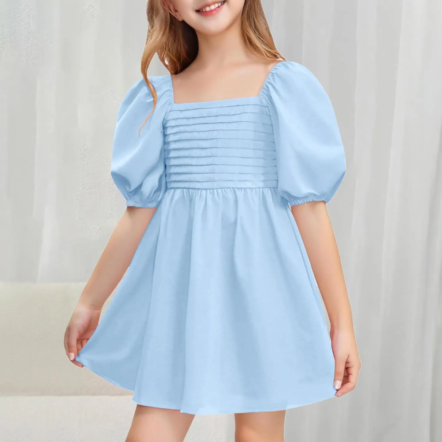 Girls Summer Dress Square Neck Lantern Sleeve Ruffle A-Line Party Mini Dress Casual Elegant Layered Sundress