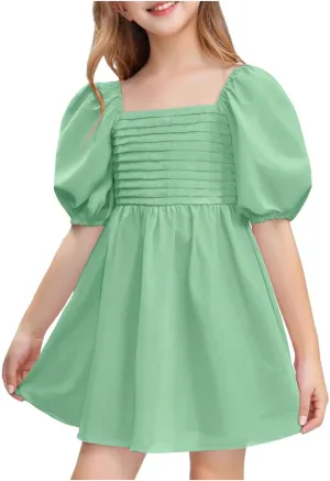 Girls Summer Dress Square Neck Lantern Sleeve Ruffle A-Line Party Mini Dress Casual Elegant Layered Sundress