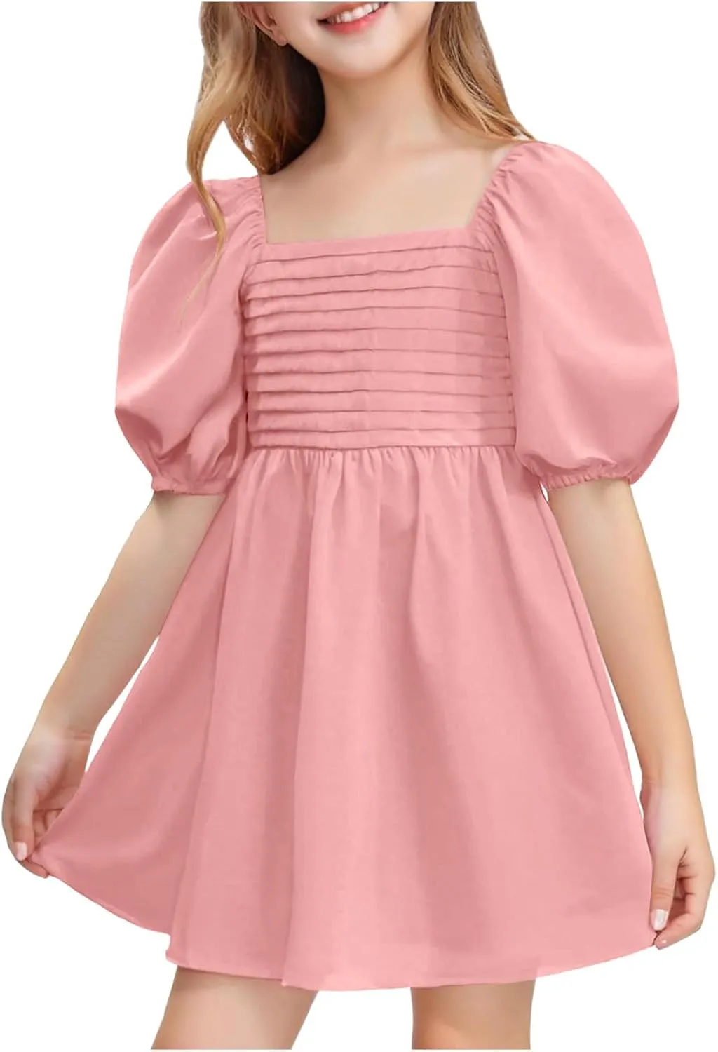 Girls Summer Dress Square Neck Lantern Sleeve Ruffle A-Line Party Mini Dress Casual Elegant Layered Sundress
