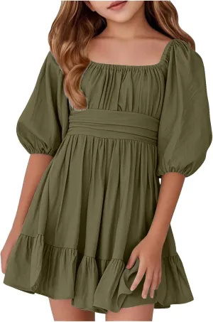 Girls Summer Tie Back Dress Tween Kids Square Neck Lantern Sleeve Ruffle A-Line Party Mini Dress Size 4-15 Years