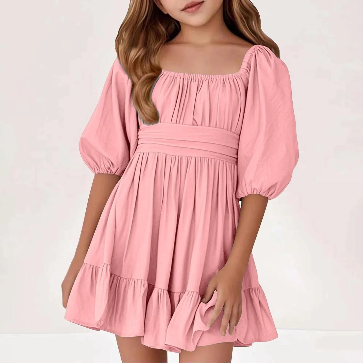 Girls Summer Tie Back Dress Tween Kids Square Neck Lantern Sleeve Ruffle A-Line Party Mini Dress Size 4-15 Years
