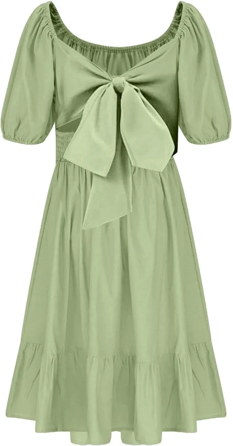 Girls Summer Tie Back Dress Tween Kids Square Neck Lantern Sleeve Ruffle A-Line Party Mini Dress Size 4-15 Years