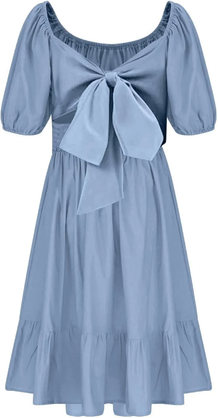 Girls Summer Tie Back Dress Tween Kids Square Neck Lantern Sleeve Ruffle A-Line Party Mini Dress Size 4-15 Years