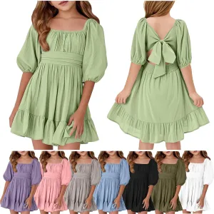 Girls Summer Tie Back Dress Tween Kids Square Neck Lantern Sleeve Ruffle A-Line Party Mini Dress Size 4-15 Years