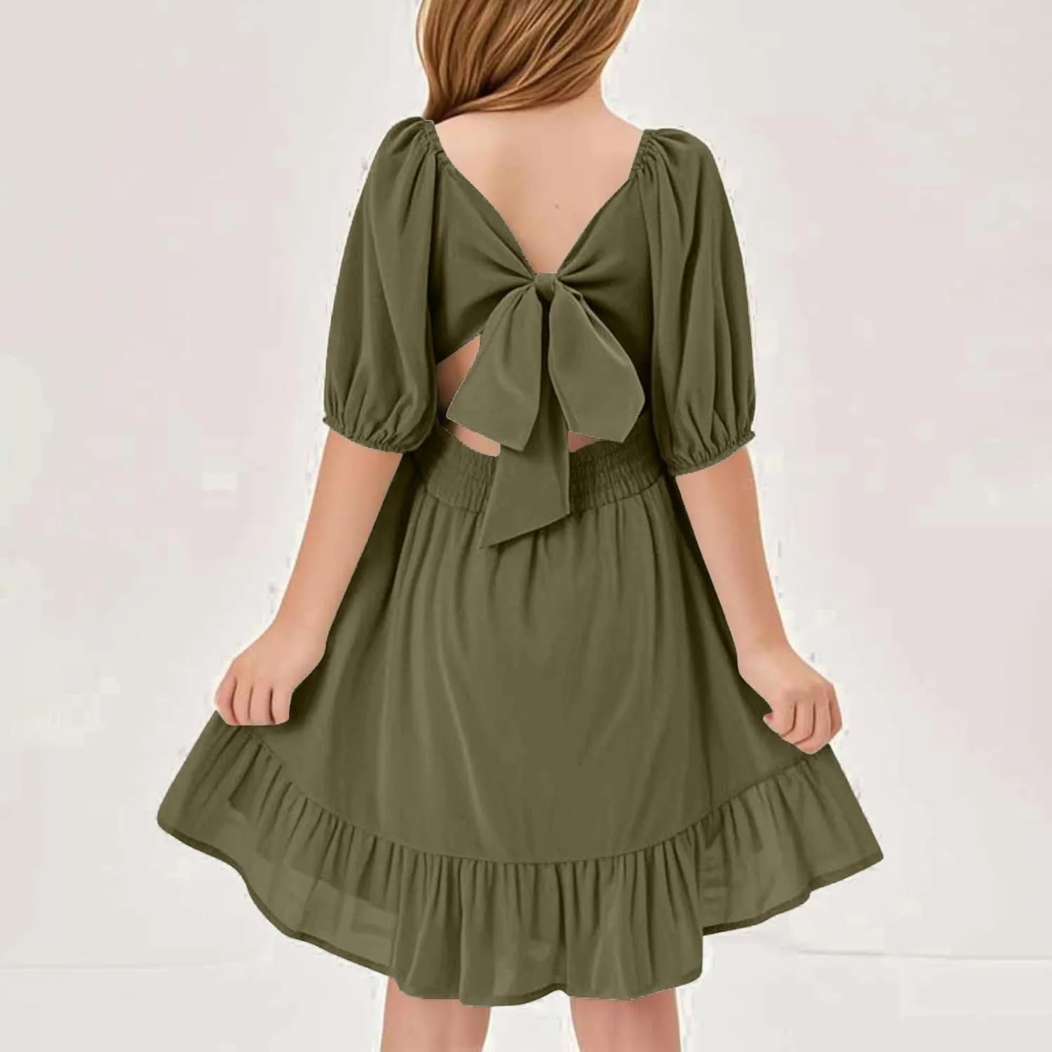 Girls Summer Tie Back Dress Tween Kids Square Neck Lantern Sleeve Ruffle A-Line Party Mini Dress Size 4-15 Years