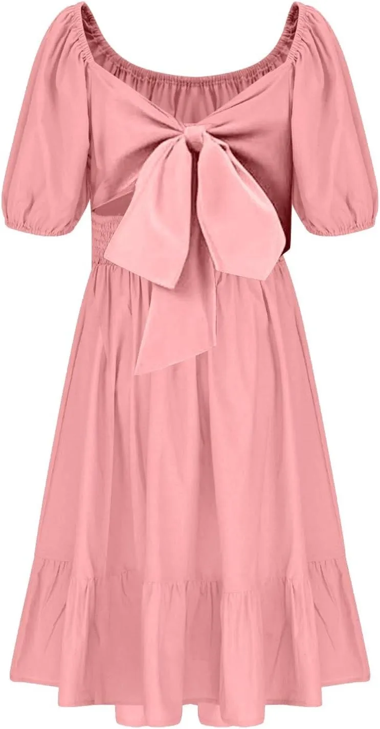 Girls Summer Tie Back Dress Tween Kids Square Neck Lantern Sleeve Ruffle A-Line Party Mini Dress Size 4-15 Years