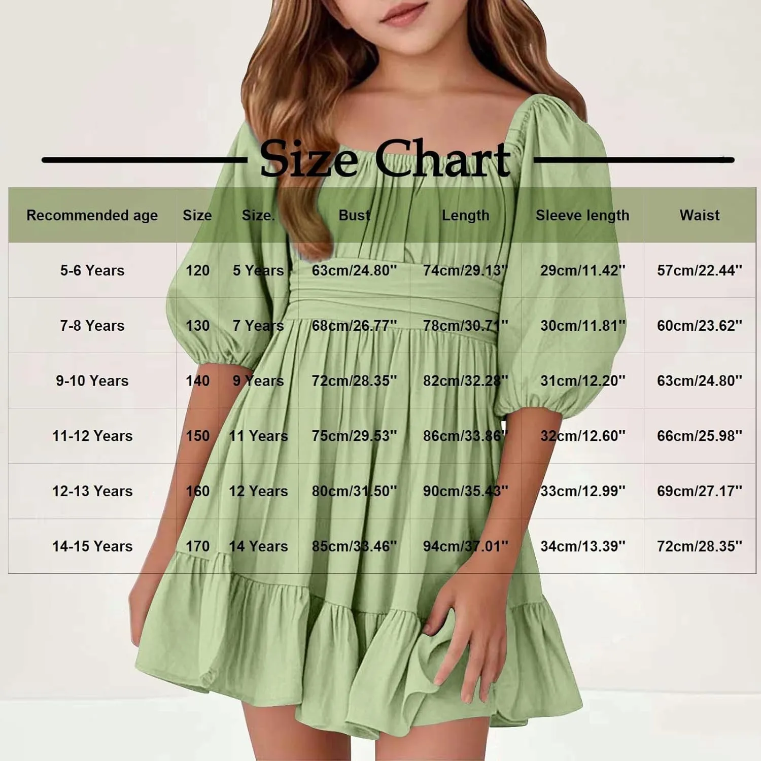 Girls Summer Tie Back Dress Tween Kids Square Neck Lantern Sleeve Ruffle A-Line Party Mini Dress Size 4-15 Years