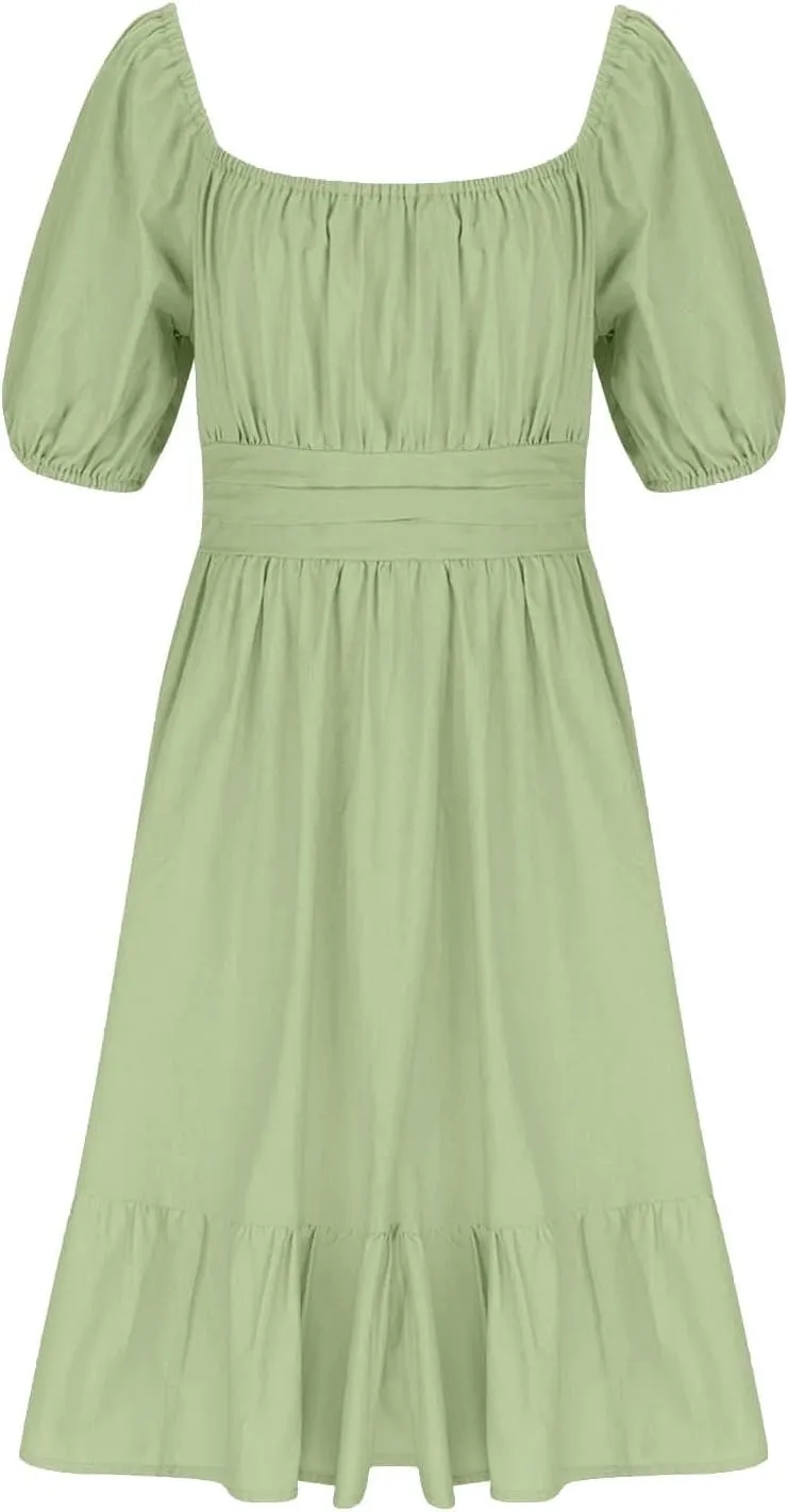 Girls Summer Tie Back Dress Tween Kids Square Neck Lantern Sleeve Ruffle A-Line Party Mini Dress Size 4-15 Years
