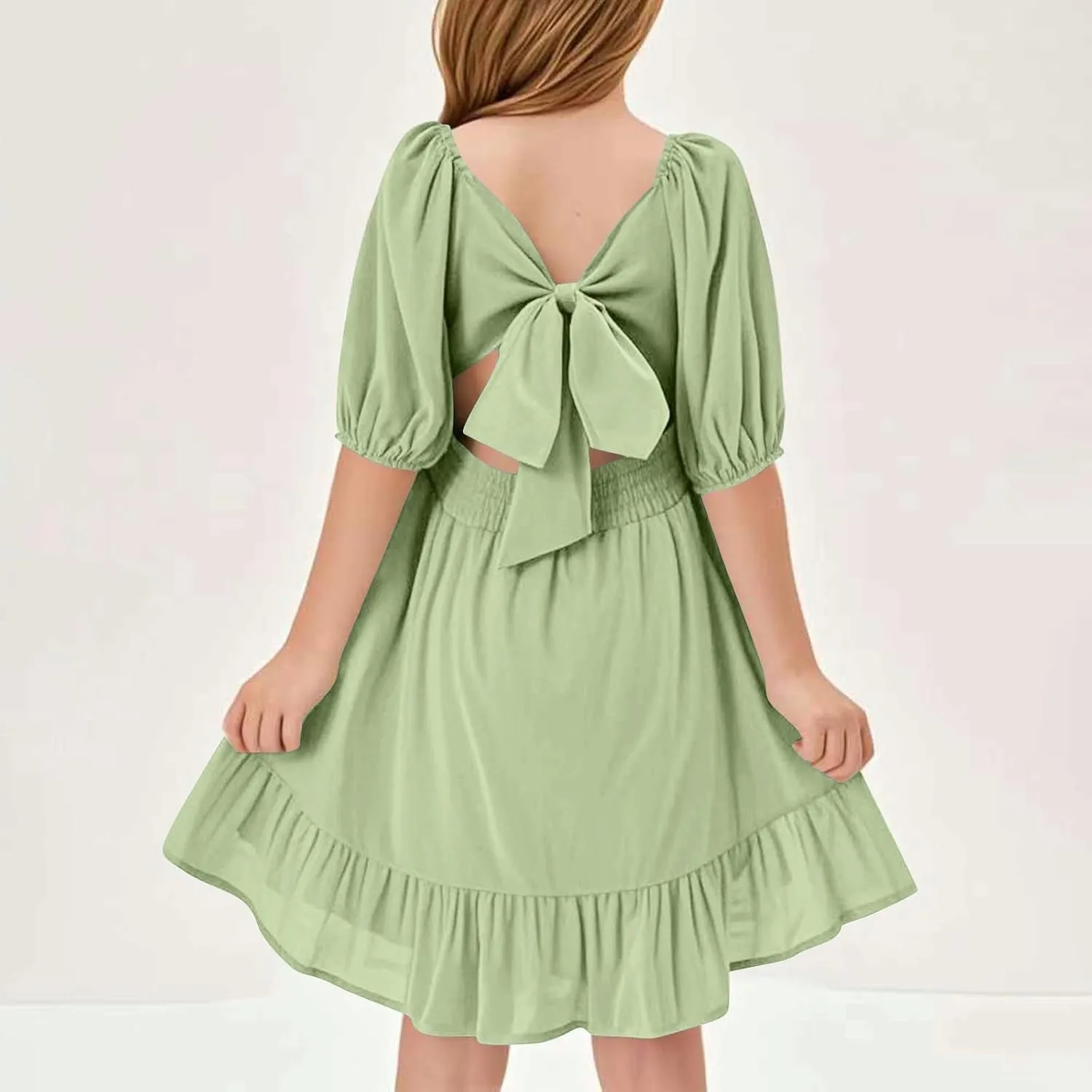 Girls Summer Tie Back Dress Tween Kids Square Neck Lantern Sleeve Ruffle A-Line Party Mini Dress Size 4-15 Years