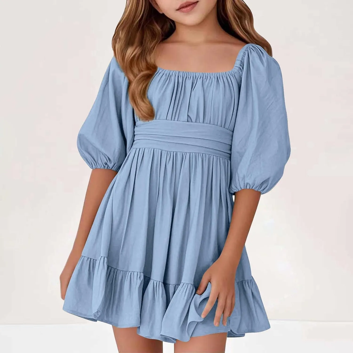 Girls Summer Tie Back Dress Tween Kids Square Neck Lantern Sleeve Ruffle A-Line Party Mini Dress Size 4-15 Years